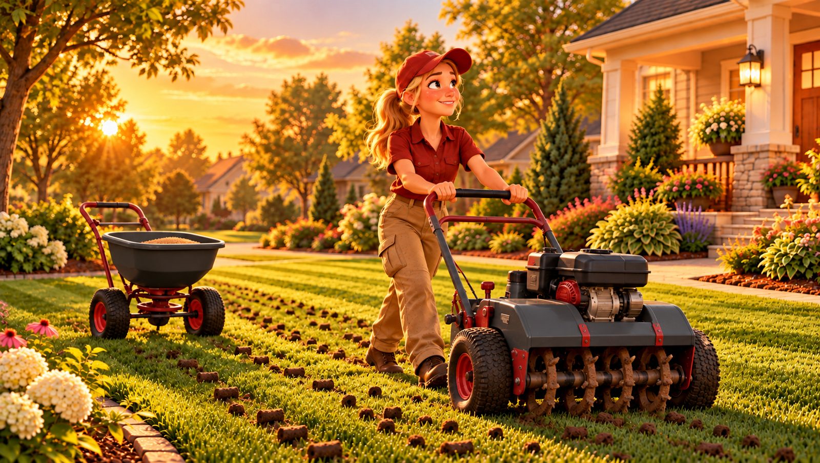 Becca pushing a core aerator across a lawn, soil plugs behind her