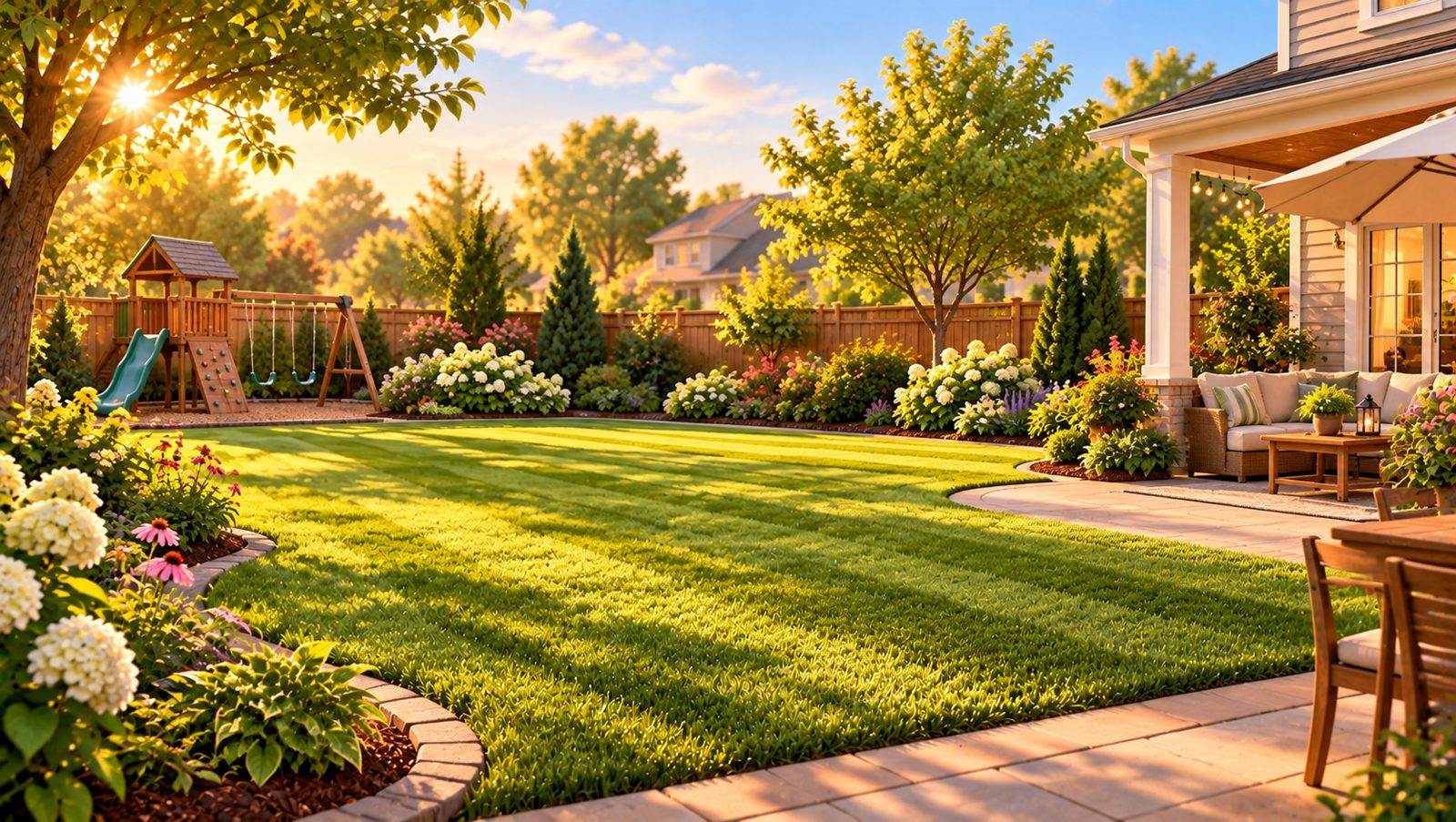 A green backyard with a play set, flower beds and a patio