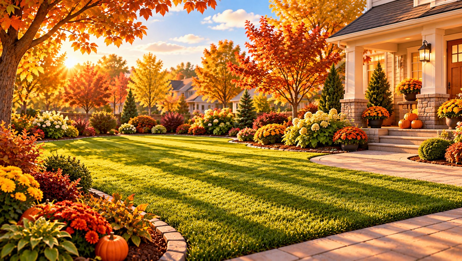 A tidy fall front yard with orange maples and mums by the porch