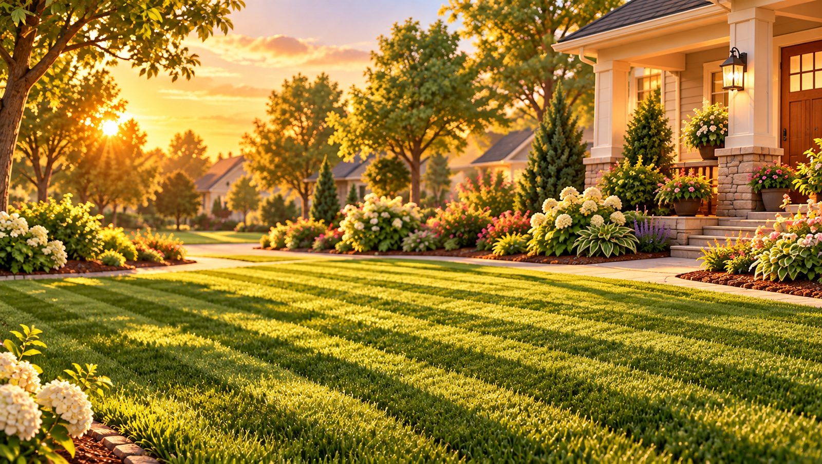 A freshly striped front lawn and flower beds in front of a porch at sunset