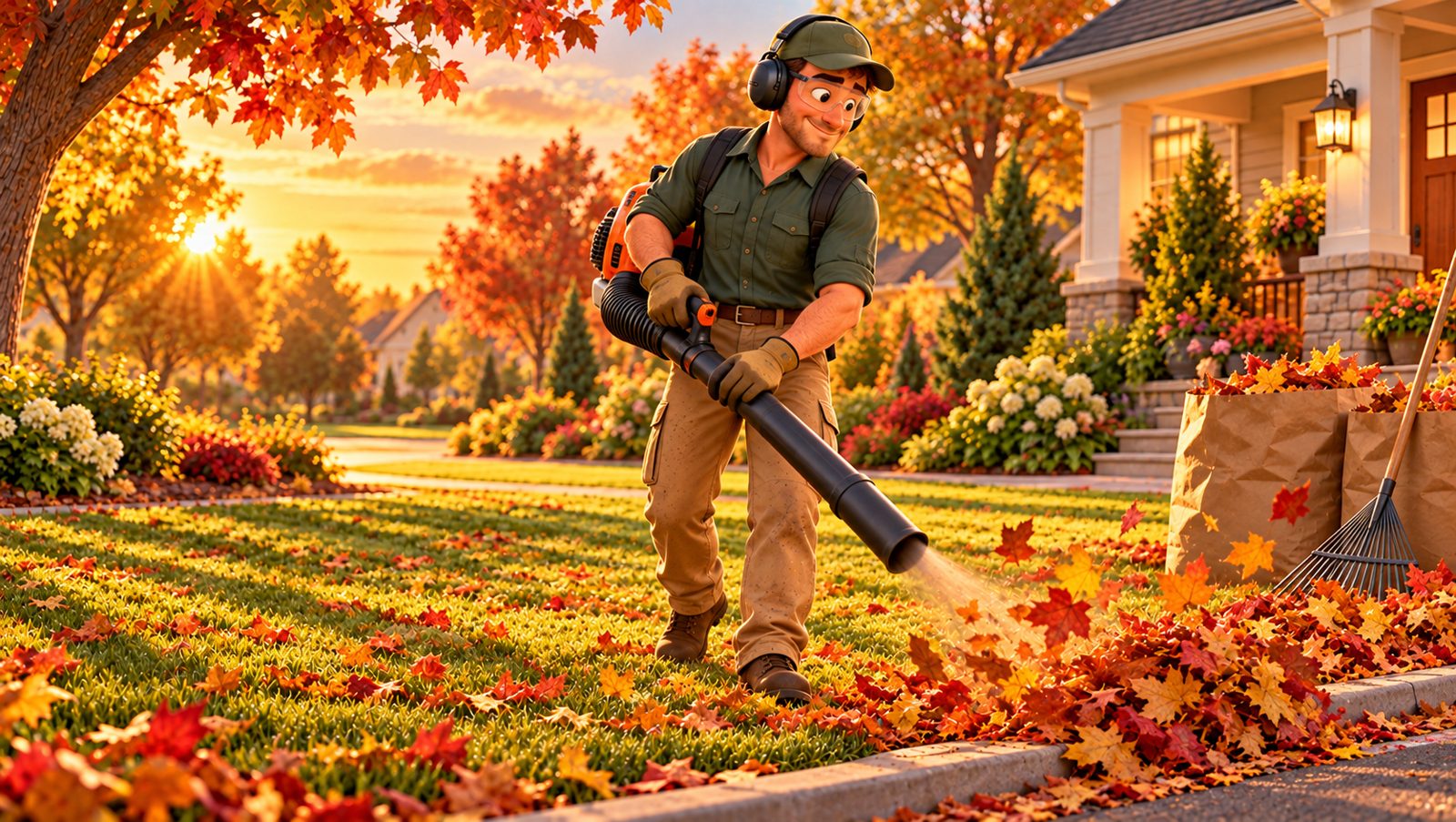 Tom blowing fall leaves toward paper yard bags at the curb