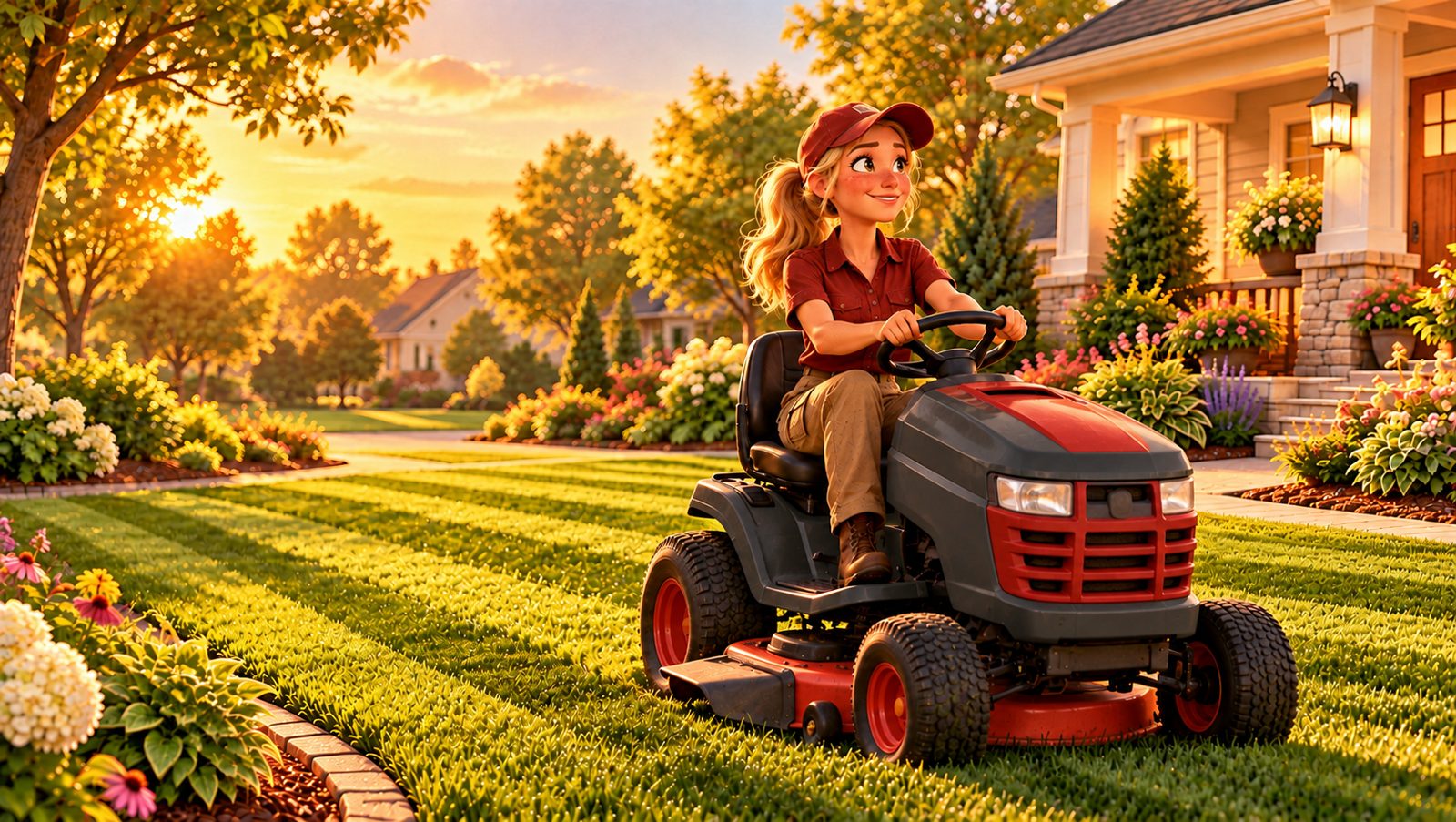 Becca on a charcoal and brick-red riding mower striping a front lawn