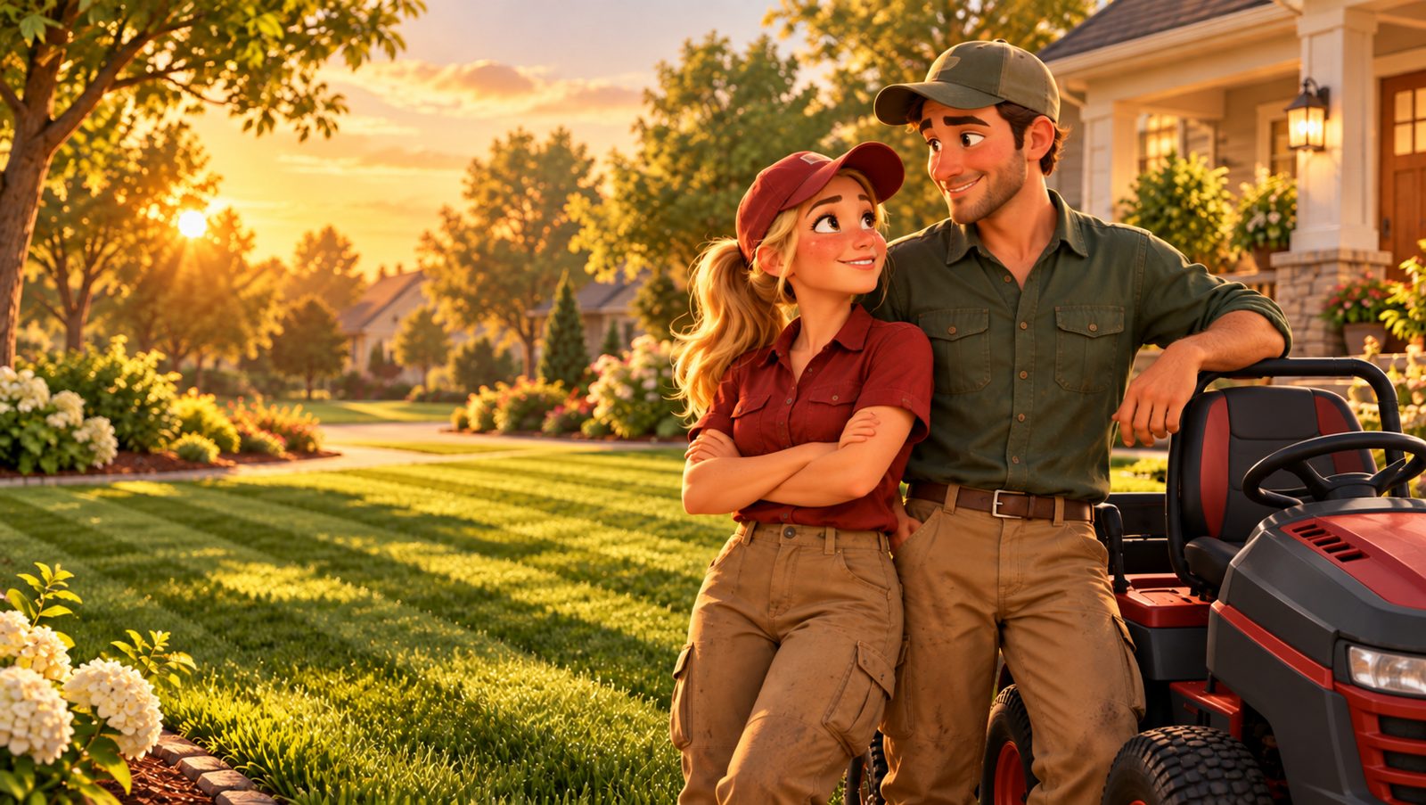 Becca and Tom smiling beside their riding mower on a striped lawn