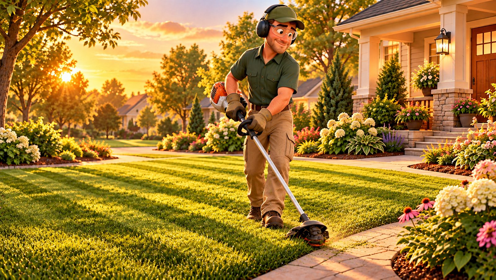 Tom trimming the lawn edge along a front walk