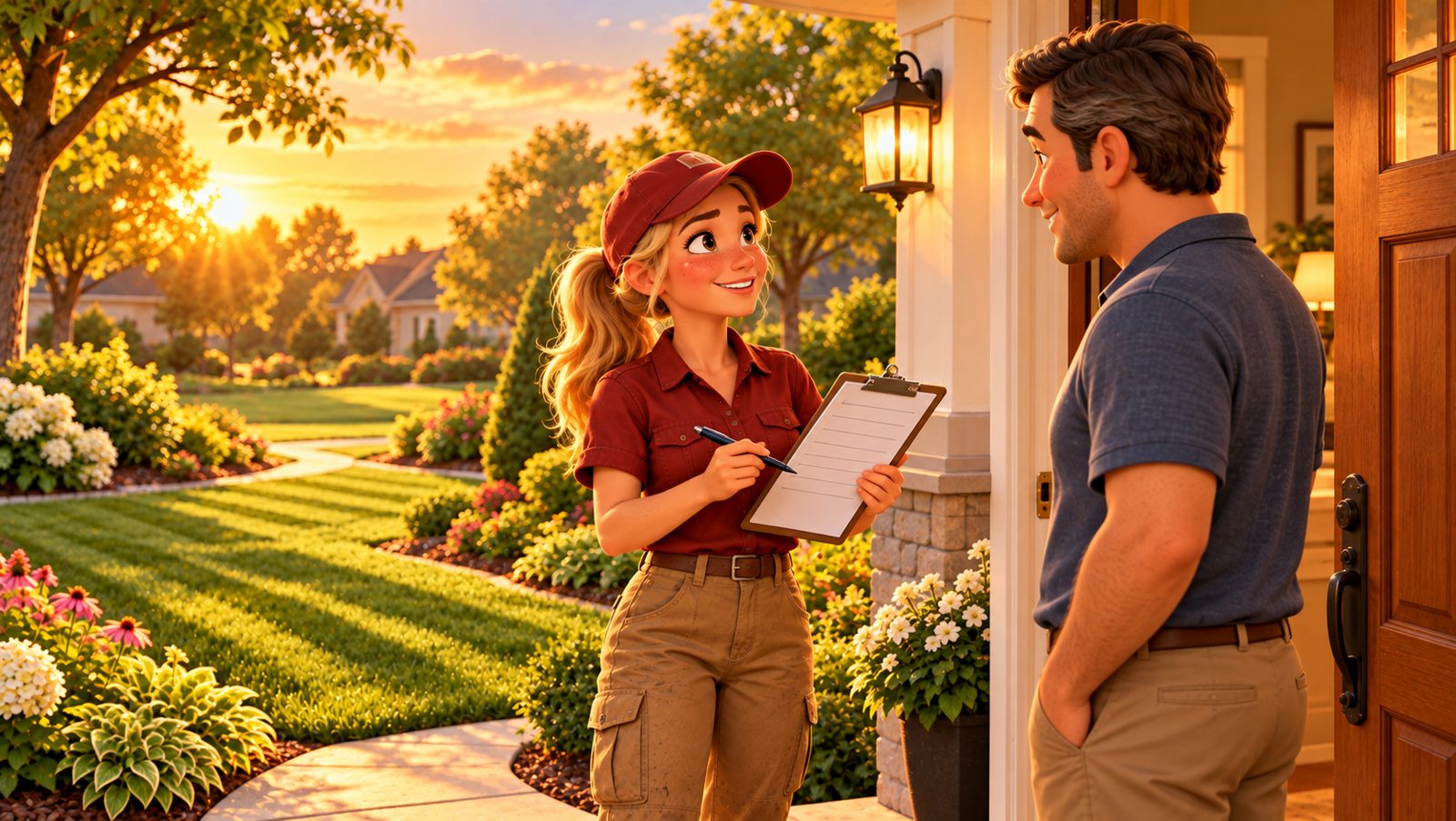 Becca with a clipboard talking with a homeowner at his front door