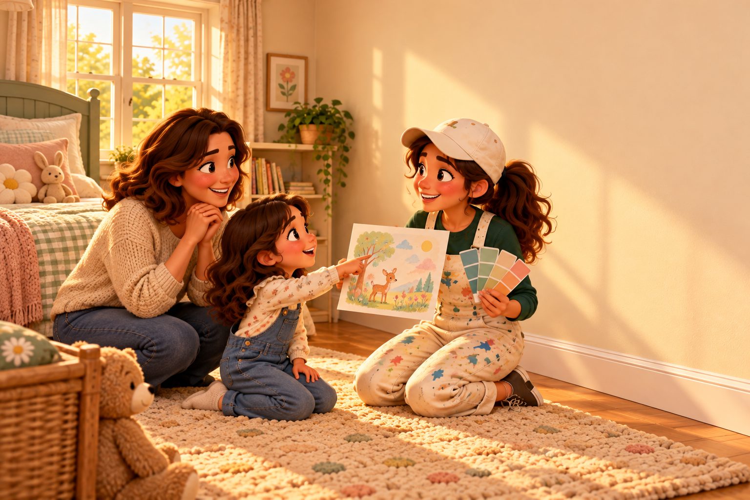 Marisa kneeling with a parent and child, showing a mural sketch and color swatches by a blank wall