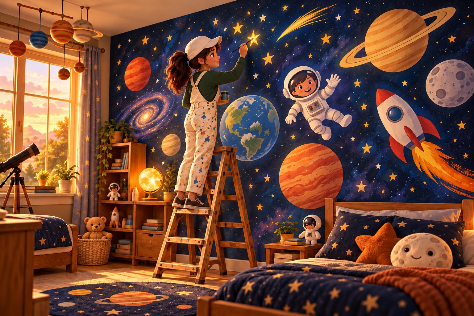 Marisa on a ladder painting stars on an outer-space mural in a child's bedroom