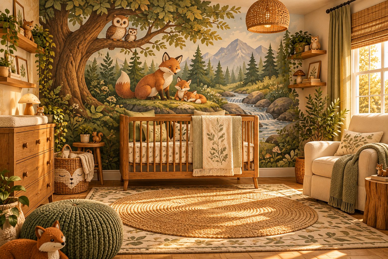 A finished nursery with a woodland mural of foxes, owls and a stream
