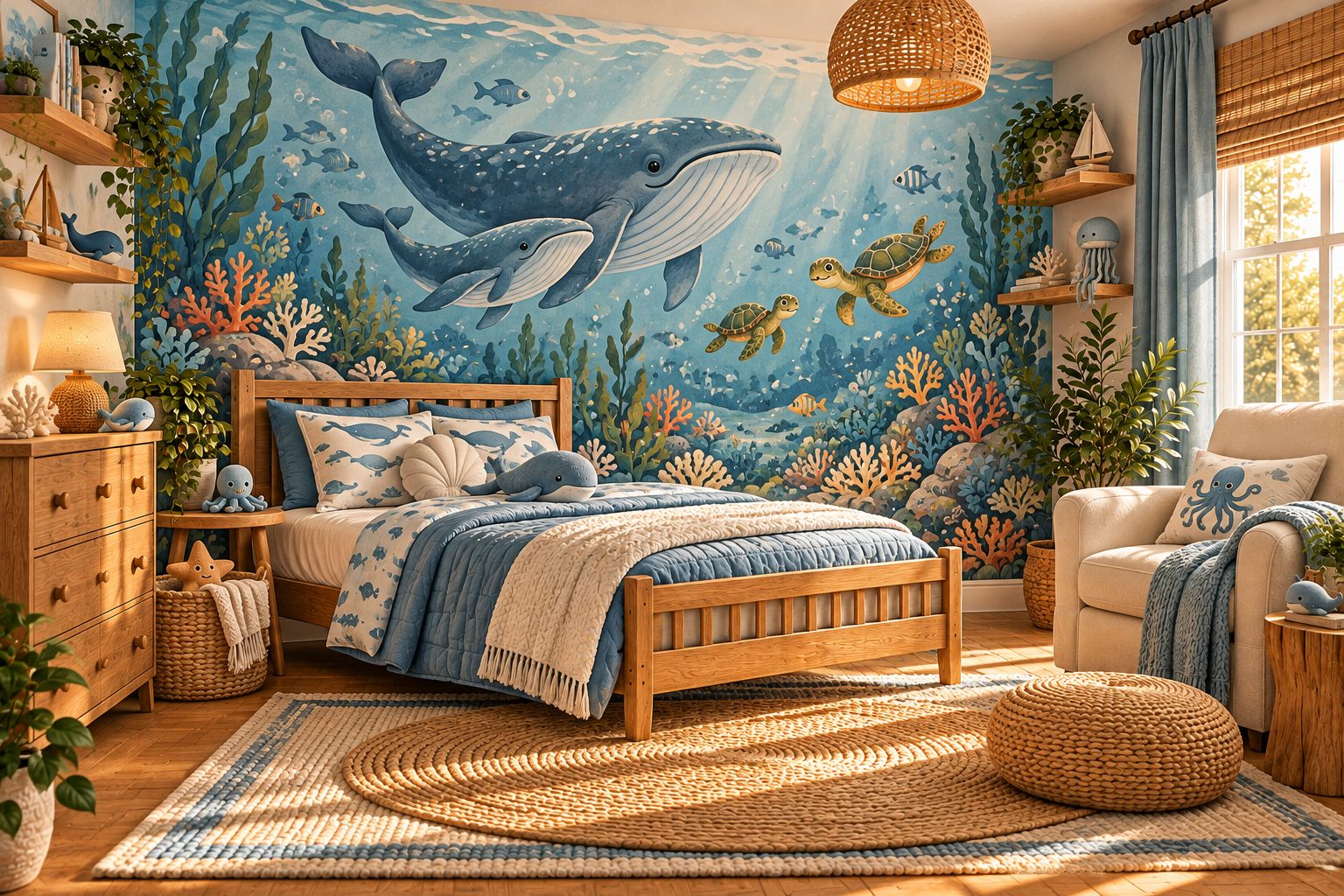 A finished bedroom with an under-the-sea mural of whales and sea turtles