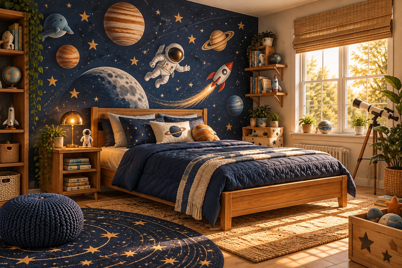 A finished bedroom with a deep blue outer-space mural, planets, an astronaut and a rocket