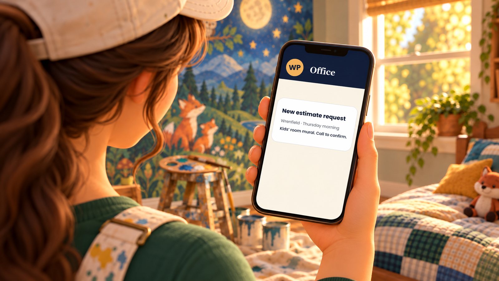 Marisa's phone showing a new estimate request for a kids' room mural on Thursday morning