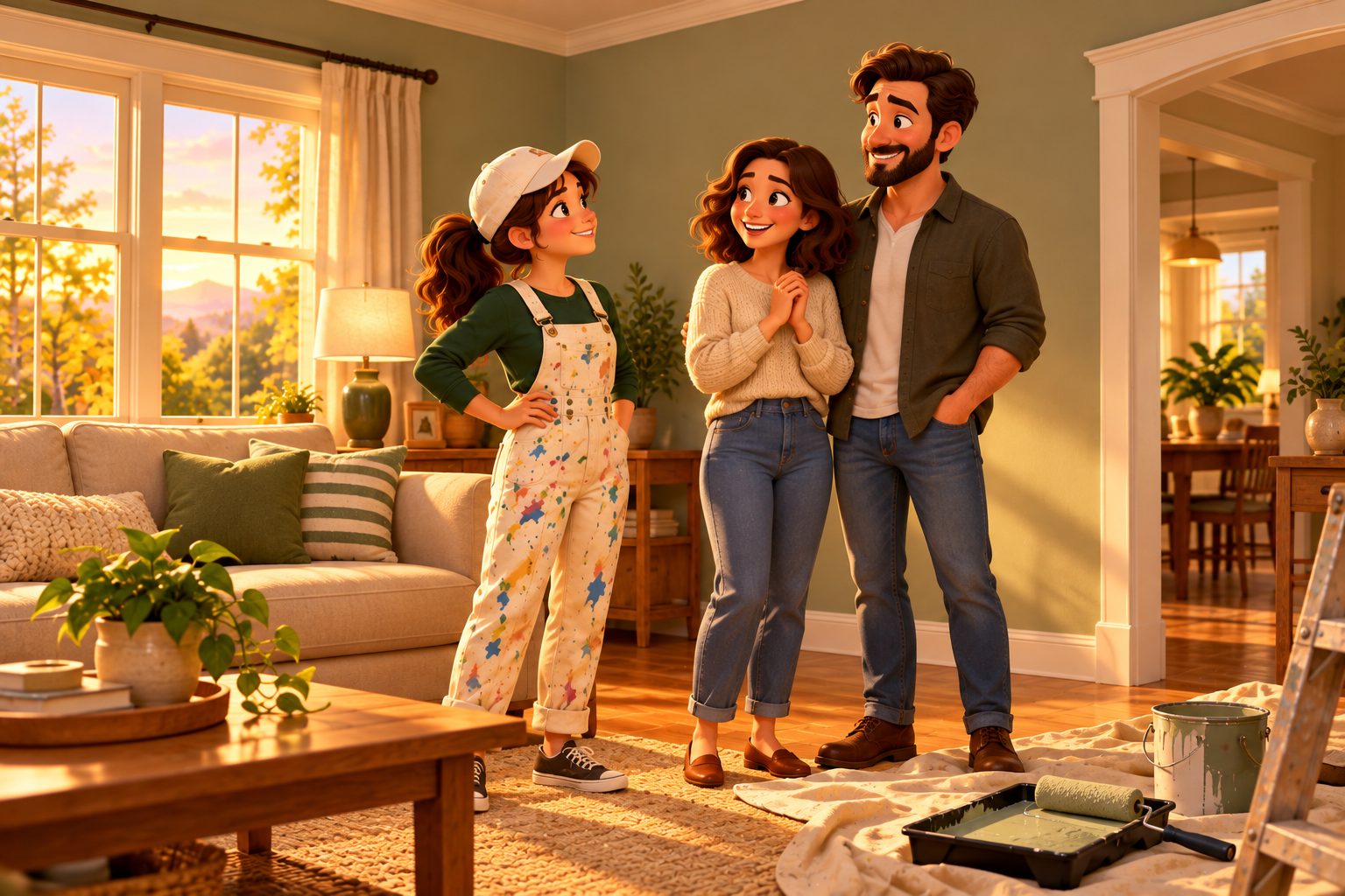 Marisa with a smiling couple in their freshly painted living room