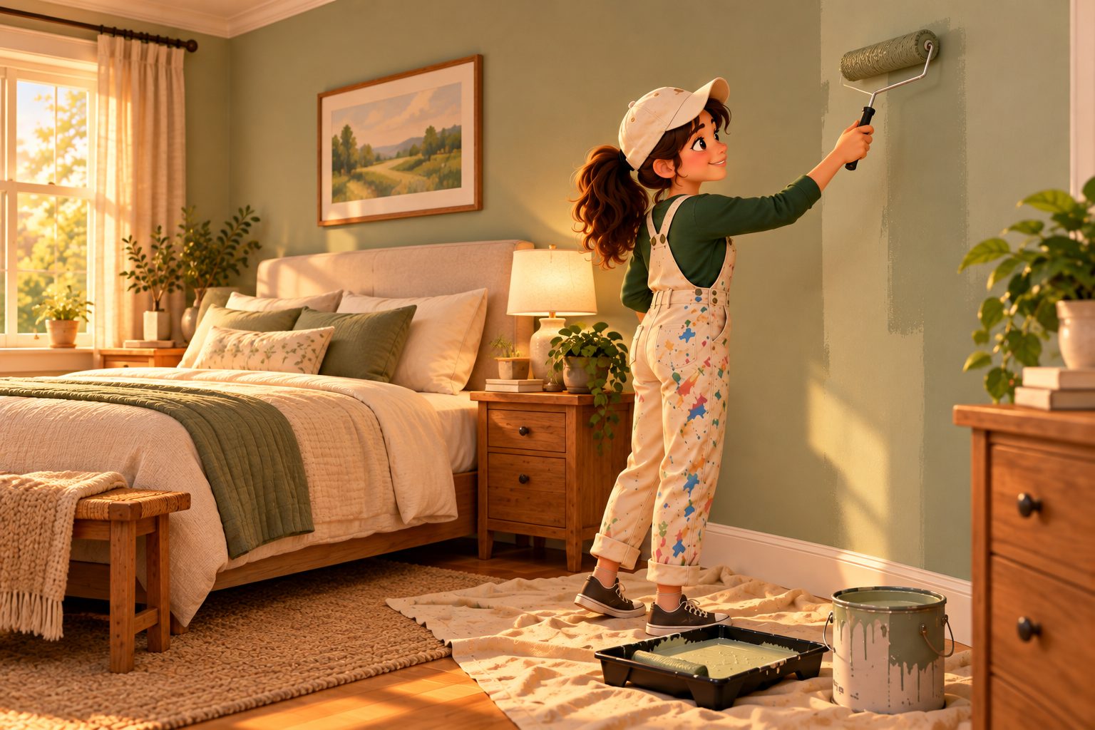 Marisa rolling soft sage green paint onto a bedroom wall