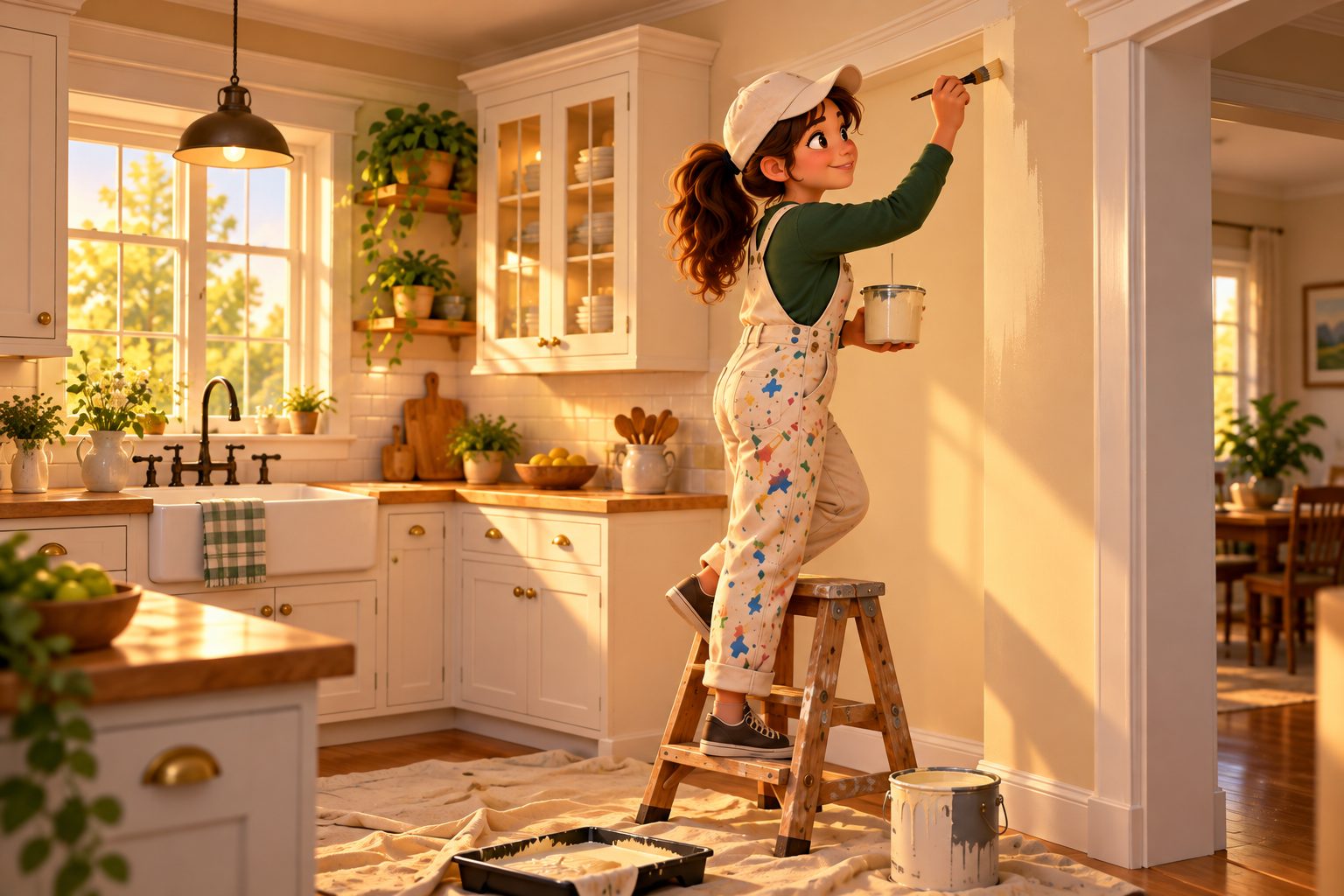 Marisa on a step stool cutting in white trim beside kitchen cabinets