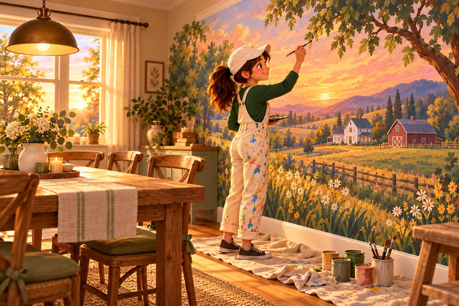Marisa painting a countryside sunset landscape mural in a dining room