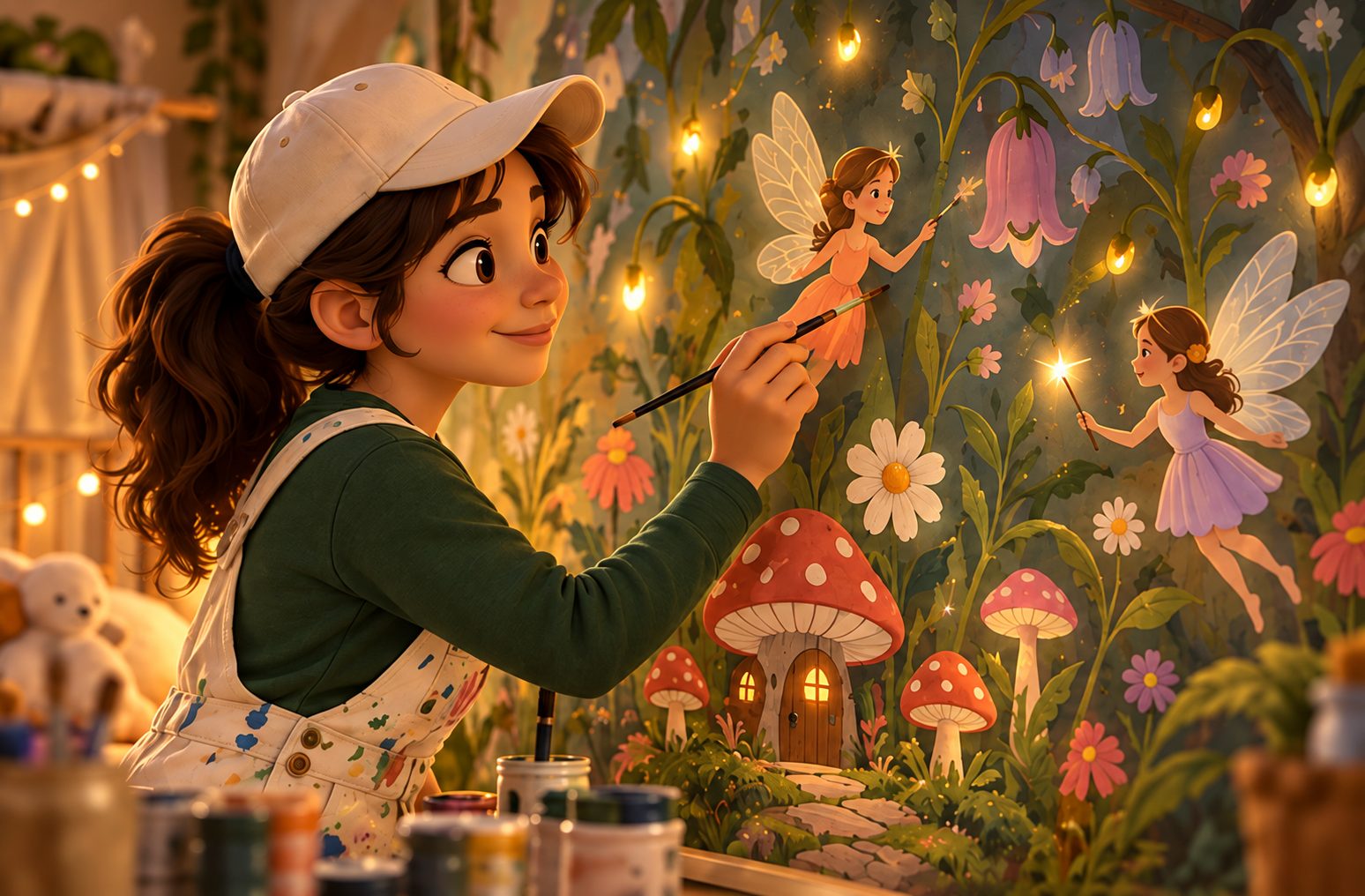 Marisa painting a fairy garden mural with glowing lights and mushrooms