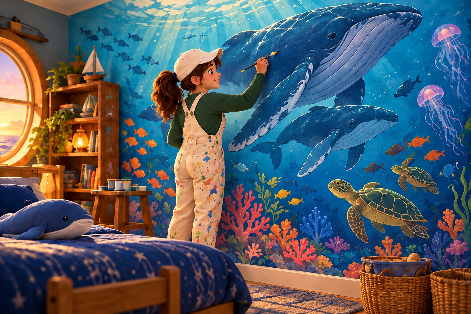 Marisa painting a large whale on an under-the-sea mural