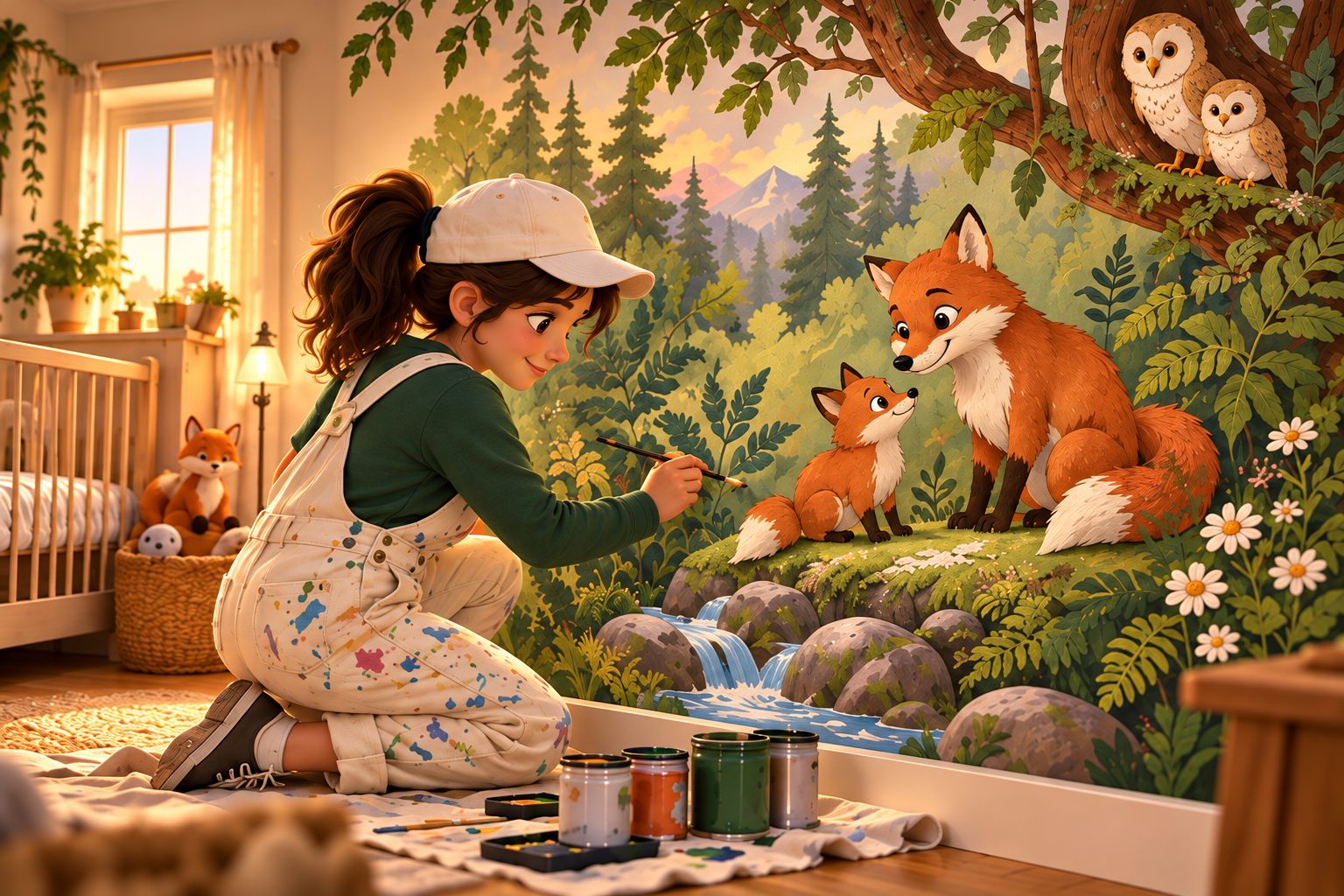 Marisa kneeling to paint two foxes on a woodland nursery mural